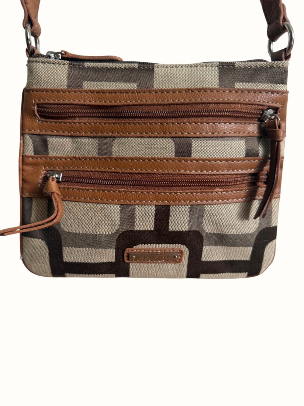 Nine West Geometric Canvas Crossbody Bag Brown Faux Leather Adjustable Strap